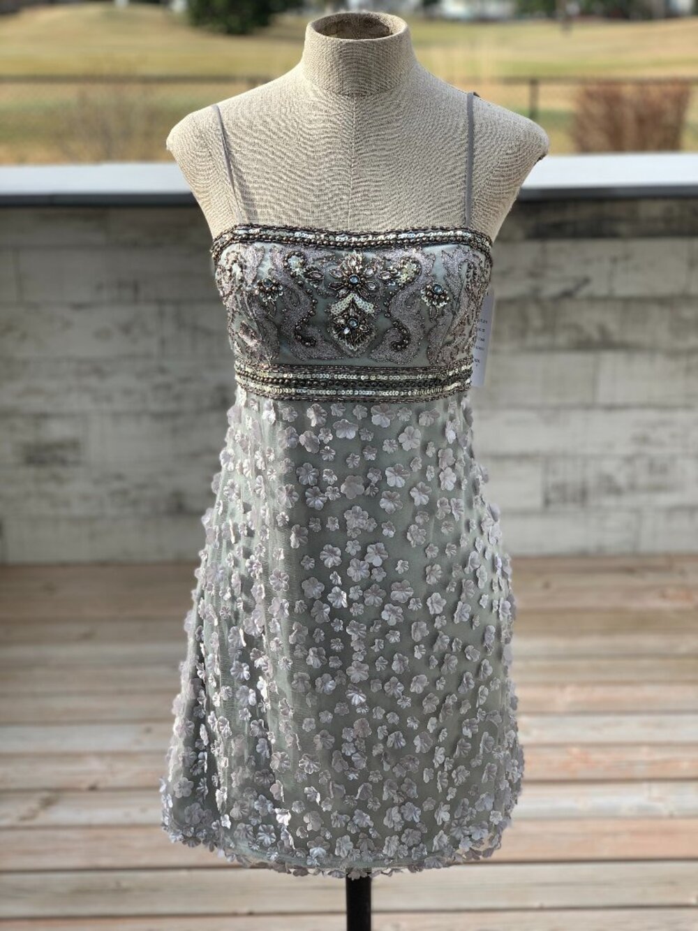 Sue Wong Nocturne Dress 6 Platinum Silver Rhinestone Beaded Embroidered Sequins